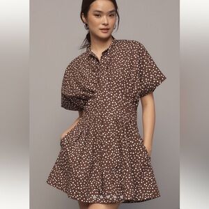 Anthropologie Exquise Tie Neck Tobie Mini Dress - Brown Polka Dot